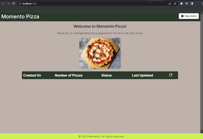 Home page of the order app